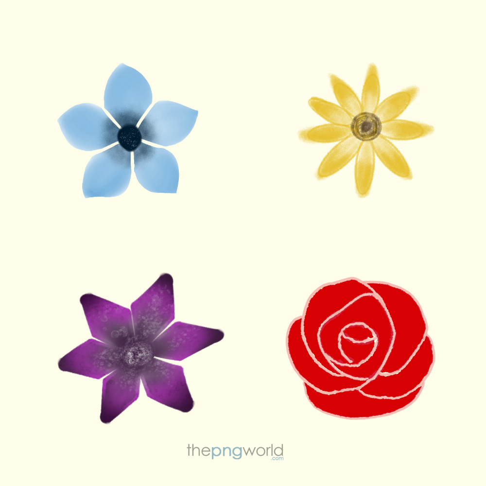 4 Different Flower Design PNG flower,leaf,tropical,red,blue,plant,green,yellow,icon,shape,garden,image,background,picture,cute,creative,natural,nature,border,outline,vector,blossom,bloom,pink,yellow